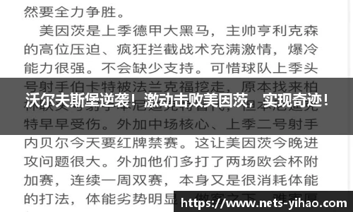沃尔夫斯堡逆袭！激动击败美因茨，实现奇迹！